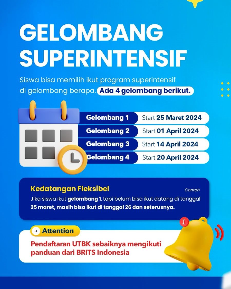 Jadwal Gelombang Superintensif Bimbel Kedokteran Terbesar Supercamp, Bimbel UTBK SNBT Terbaik BRITS Indonesia Yogyakarta Malang Bandung - 082264224264