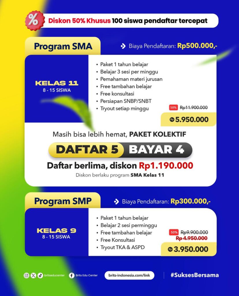 Bimbel PROGRAM kelas 10 11 SMA & 9 SMP BRITS Indonesia - Belajar Intensif - Bimbel Sukses Masuk PTN