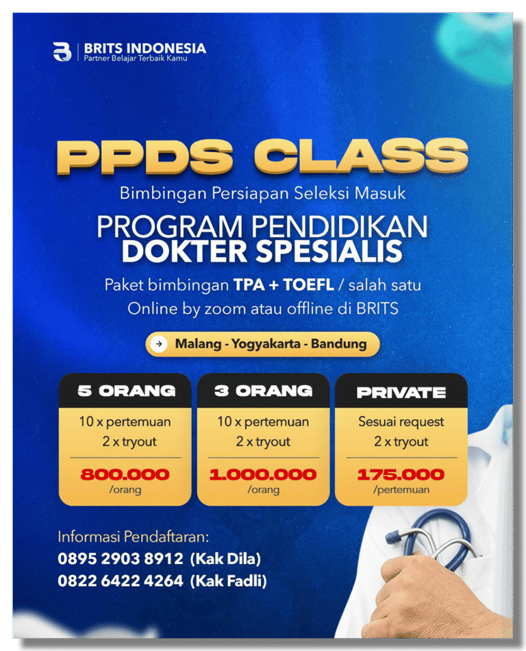 Program persiapan Seleksi masuk PPDS Bimbingan TPA Toefl Online Offline BRITS Indonesia