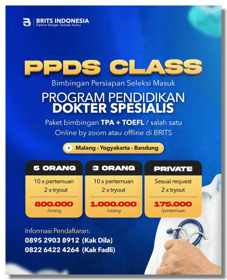 Program persiapan Seleksi masuk PPDS Bimbingan TPA Toefl Online Offline BRITS Indonesia